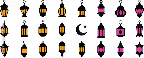 ramadan lantern icons set with crescent moon, islamic decorative lamps collection, eid mubarak festival vector illustration design