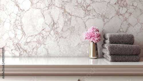 Stack of soft towels beside a vase with pink flowers on a shelf.