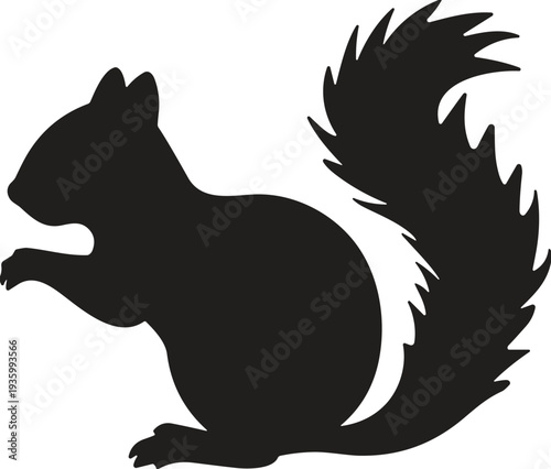 Black silhouette vector illustration of a cute wild squirrel with a large bushy tail sitting and holding food isolated on a clean white background.