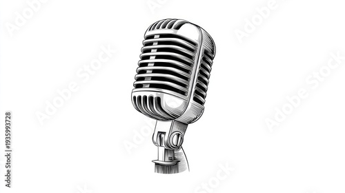 Vintage style microphone rendered with detailed engraving illustration on a white background