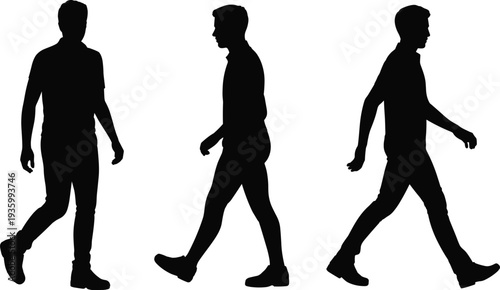 Man walking silhouette set, male figure in motion poses, casual person walking for architectural visualization and urban design vector illustration.