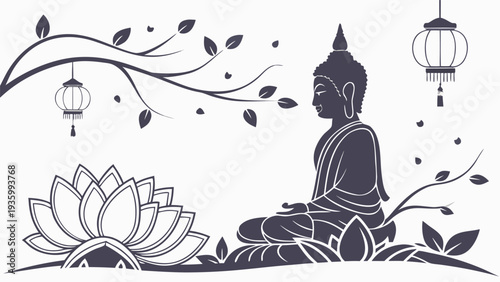 Buddha sitting in lotus position with flowers and lanterns vesak day meditation lotus flower