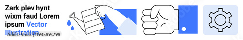 Hand tearing paper, clenched fist, gear icon conveying action, determination, system, revolt, decision-making, personal growth innovation. Ideal for activism motivation administration workflow