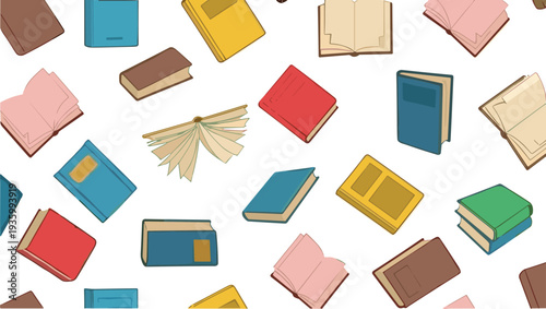 Seamless pattern of colorful books flat vector illustration with open and closed textbooks for education reading library background design