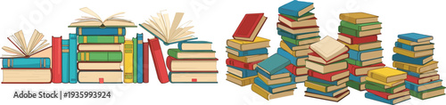 Stacked books and open textbooks flat vector illustration collection for education library reading literature study and academic learning concept