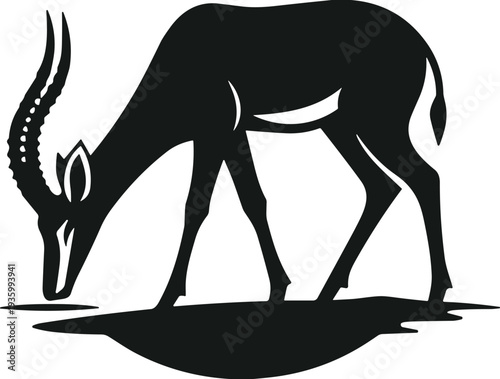 Black silhouette vector illustration of a wild African antelope gazelle with long curved horns drinking water from a puddle isolated on a white background.