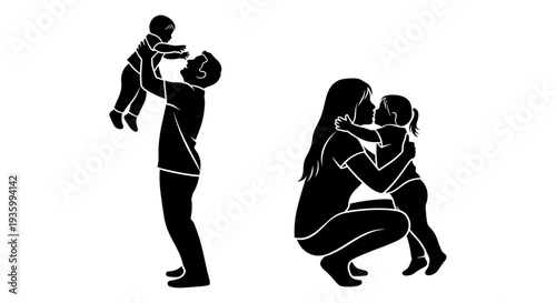 Set of 2 black silhouette family icons vector