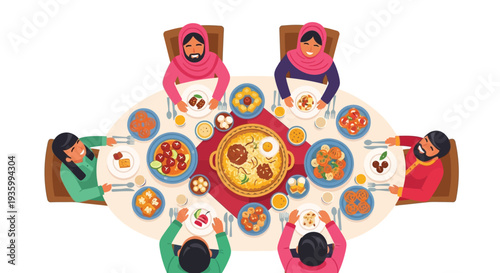 A group of people sitting around a table with various plates of food in a colorful illustration