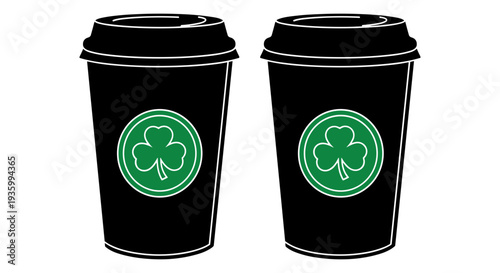 Set of 2 black coffee cups with green shamrock logo vector