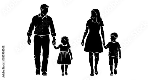 Black Silhouette of Family with Two Children Walking Vector