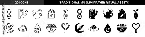 Islamic Religious Hybrid Symbols Featuring Prayer Rug with Arrow Date Palm Fruit and Crescent Moon with Handshake in Outline and Solid Styles
