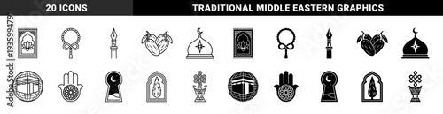 Islamic cultural symbols merged with modern geometric shapes featuring prayer rug lotus prayer bead infinity sign and kaaba globe hybrids