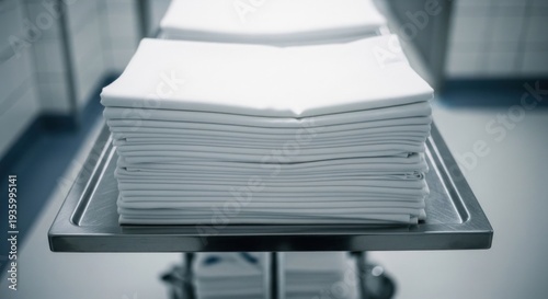 Wallpaper Mural Stack of crisp, white folded textiles on metal trolley in a sterile setting Torontodigital.ca