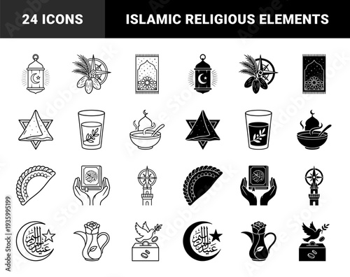 Islamic Ramadan symbols featuring hybrid designs with integrated crescent moon star and geometric motifs in dual outline and solid styles