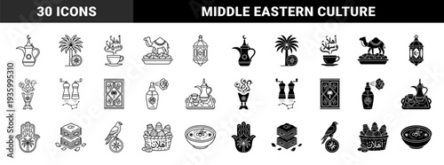 Traditional Middle Eastern Culture Icons Featuring Hybrid Symbols Like Palm Tree Compass And Falcon Navigation Elements In Line And Solid Style