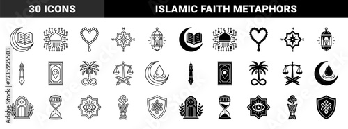 Islamic spiritual symbols merged with modern conceptual metaphors featuring crescent moon book circuit mosque prayer bead heart and hourglass motifs