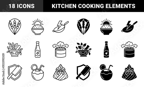 Food and Culinary Hybrid Symbols Combining Kitchenware with Ingredients Featuring Cleaver Shields Skewered Pins and Electric Wok Cooking Pan
