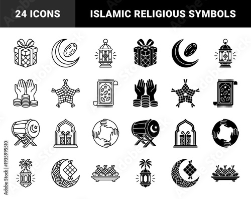 Islamic Ramadan Mubarak collection featuring hybrid designs of crescent moon with dates lantern held by hands and ketupat woven patterns in line and solid style