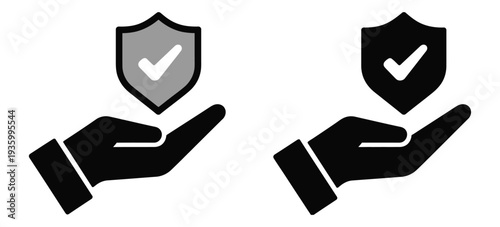 Hand holding protective shield black icon set for security protection, insurance safety service, cyber defense, privacy guard, and trust protection concept vector