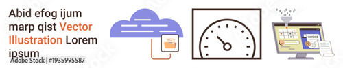 Cloud storage, data transfer, speed optimization, online billing, digital solutions, financial management. Cloud icon, speedometer monitor displaying invoices. Cloud storage and data transfer