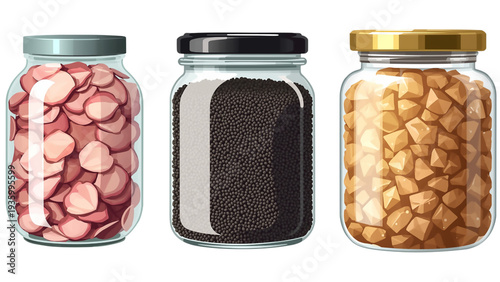 A closeup of an organic glass jar filled with healthy brown coffee beans and red seeds, showcasing an isolated food ingredient container for cooking on a white background