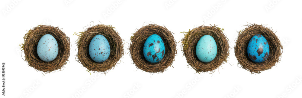 Obraz premium Five small bird nests with single blue speckled eggs are arranged in a neat horizontal row, showcasing natural variations in color and pattern for a spring or Easter theme