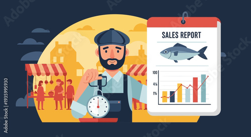 Fisherman with Sales Report and Weighing Scale.