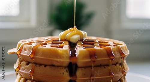 Wallpaper Mural Waffles topped with butter and syrup being drizzled on, blurred background Torontodigital.ca
