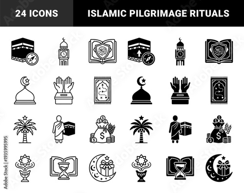 Islamic pilgrimage religious symbols merging traditional worship elements with modern navigation and ritual objects in a dual outline and solid style