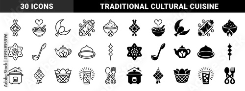 Traditional Islamic Ramadan and Eid celebration symbols featuring hybrid cultural food motifs with line and solid geometric styling for festive branding