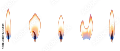 Set of five burning candle flames with different shapes and movements showing the dynamic nature of fire, with warm yellow, orange, and blue glowing light from the wicks