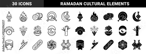 Traditional Islamic festival icons featuring hybrid ketupat crescent motifs drum symbols and ramadan food elements with dual outline and solid styles
