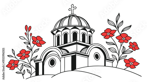 Romanian Orthodox church dome with red flowers and cross floral