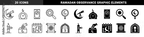 Islamic religious observance hybrid icons merging traditional crescent moon and mosque motifs with modern telescope clock and calendar symbols for ramadan tracking