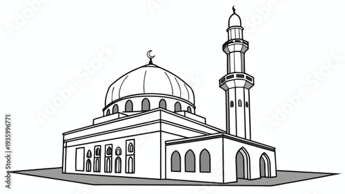 Mosque building with dome and minaret in black and white mosque architecture Islamic architecture