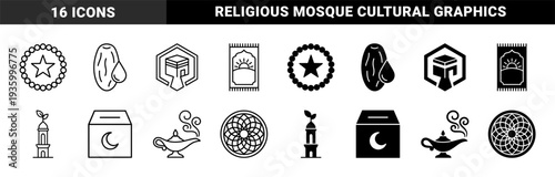 Islamic religious symbols featuring hybrid geometric mosque minaret prayer rug and kaaba designs in dual outline and solid black silhouette style