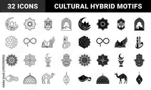Islamic cultural symbols combined with geometric patterns and organic motifs featuring crescent lotus hybrid mosque architecture and desert landscape elements