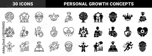 Hybrid conceptual human potential and personal growth icons featuring brain networks family shelter graduation rocket and cybernetic wisdom symbols
