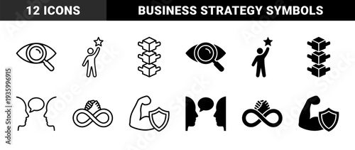Hybrid conceptual metaphors featuring eye with magnifying glass and person reaching for star alongside muscle shield and infinity handshake symbols