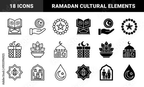 Islamic Religious Iconography Featuring Hybrid Crescent Moon Designs Combined with Quran Manuscripts Lanterns Dates Fruit and Prayer Beads