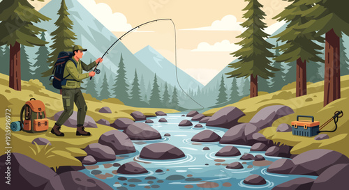 Man fishing in a mountain stream with backpack.