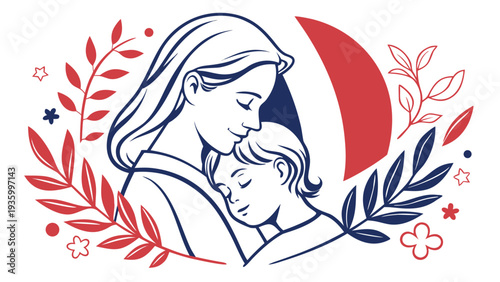 Mother and child hugging surrounded by red leaves flowers and stars embracing blue and red leaves