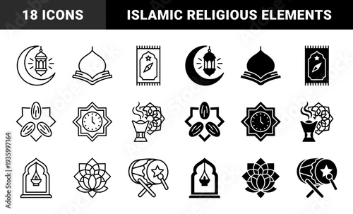 Islamic religious symbols featuring crescent moon with lantern and mosque dome over open holy book in a dual outline and solid hybrid style