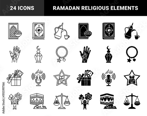 Islamic Religious Hybrid Symbols Featuring Quran With Compass Prayer Rug And Dates Coffee Pouring Henna Hand And Eid Celebration Charity Elements