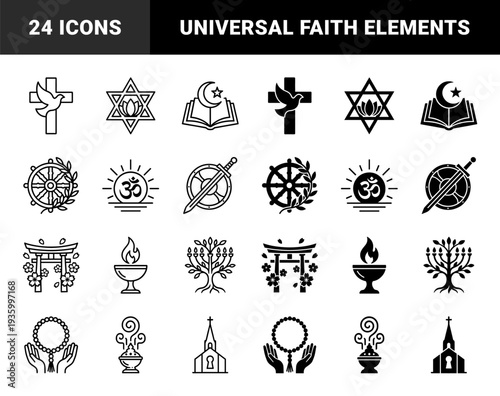 Sacred spiritual symbols and religious hybrid icons featuring cross with dove star of david with lotus and crescent moon with holy book