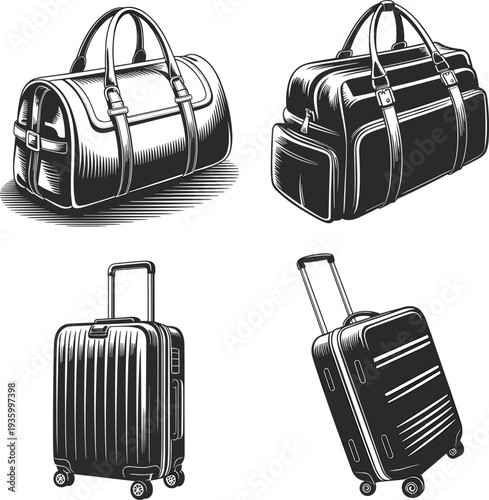 Detailed travel luggage and suitcases illustration set, vintage duffel bags and modern rolling suitcase silhouettes, journey accessories for vacation tourism design.
