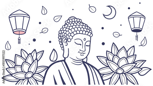 Wesak day greeting card concept with Buddha statue and lotus flowers lanterns moon