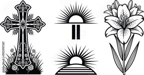 Christian cross and lily flower with sunrise religious symbol set faith hope resurrection easter vector illustration spiritual design collection