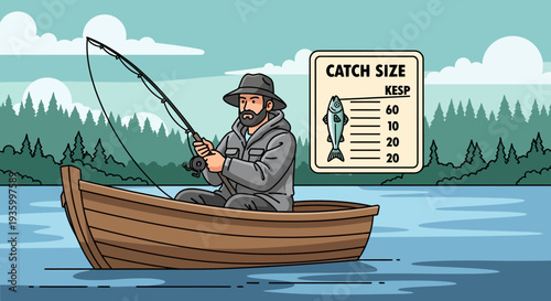 Man Fishing in Boat with Catch Size Chart.