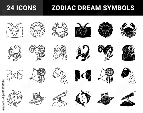 Astro Sleep Hybrid Symbols Combining Zodiac Constellations with Bedtime Elements Including Sleeping Animals Dreamcatchers and Night Sky Telescopes